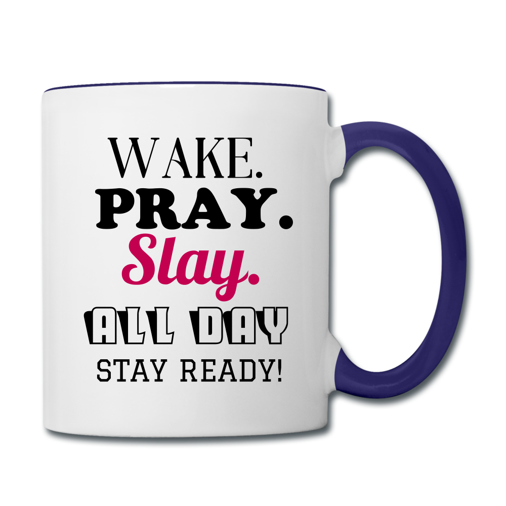 Wake Pray Slay Contrast Coffee Mug - white/cobalt blue