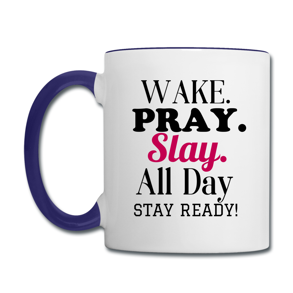 Wake Pray Slay Contrast Coffee Mug - white/cobalt blue