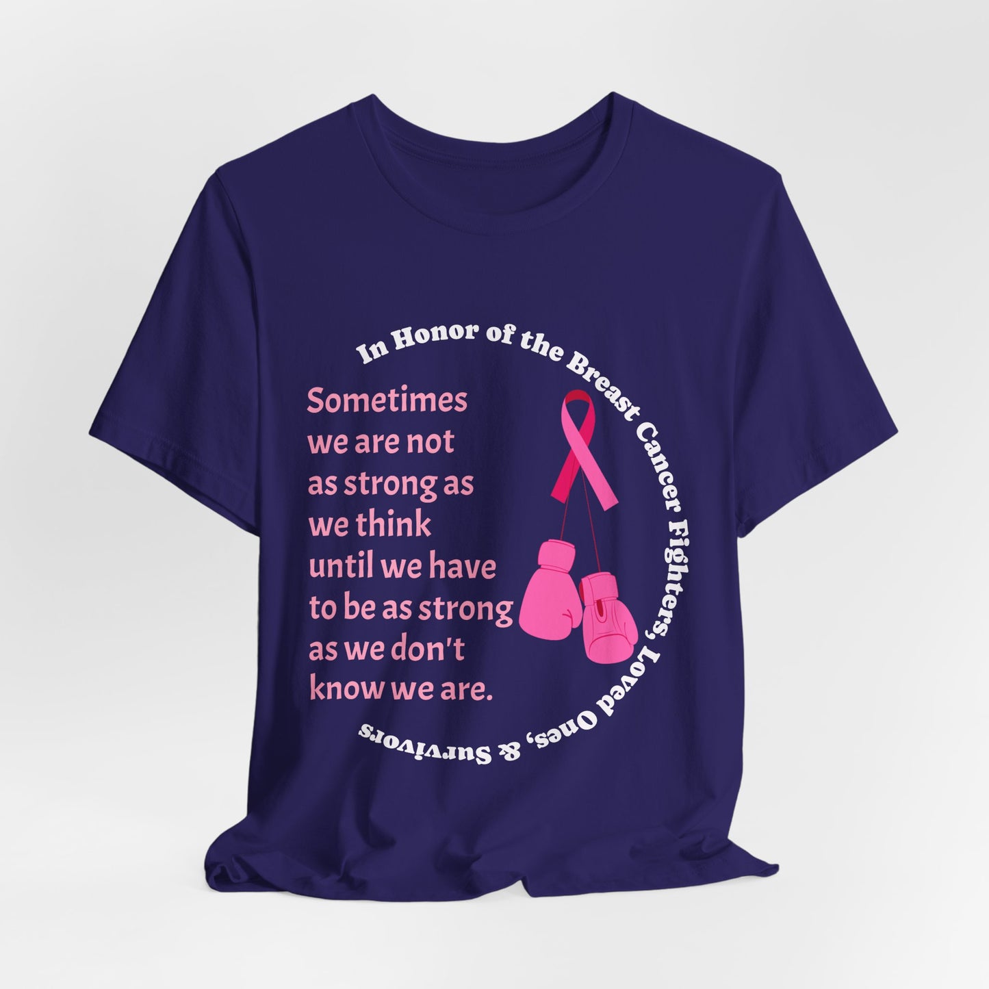 Team Navy t-shirt with breast cancer awareness message and pink boxing gloves on a white background