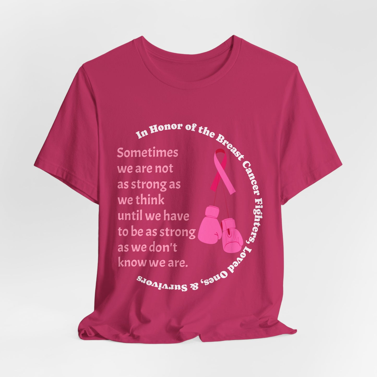 Berry t-shirt with breast cancer awareness message and graphics on a white background
