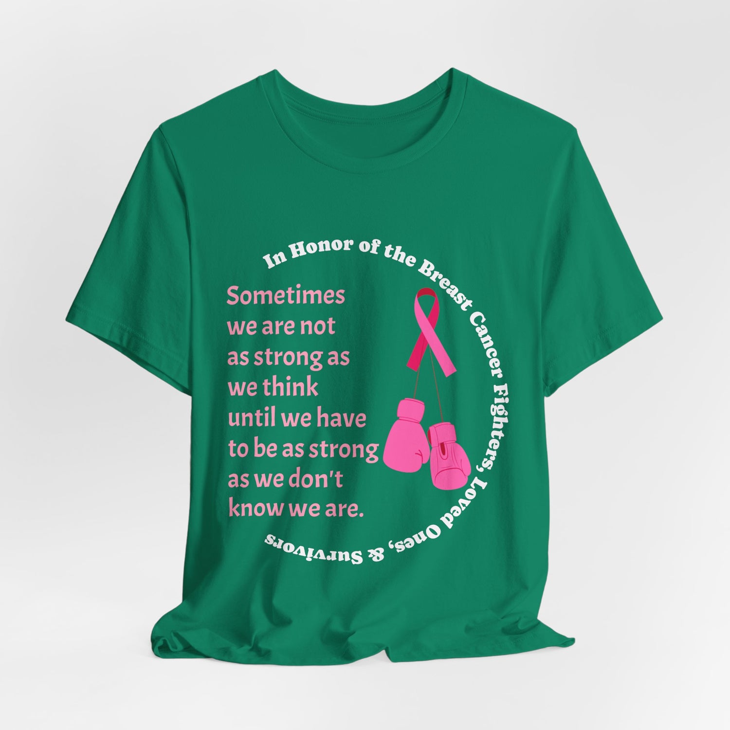 Kelly t-shirt with breast cancer awareness design featuring a pink ribbon and boxing gloves on a white background.