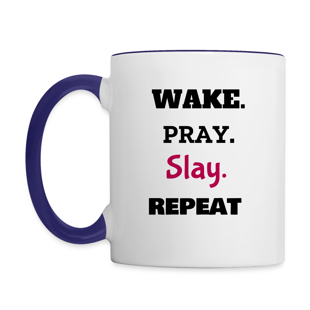 Wake Pray Slay Contrast Coffee Mug - white/cobalt blue
