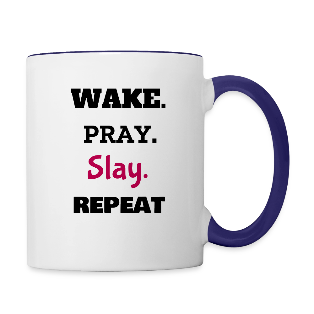 Wake Pray Slay Contrast Coffee Mug - white/cobalt blue