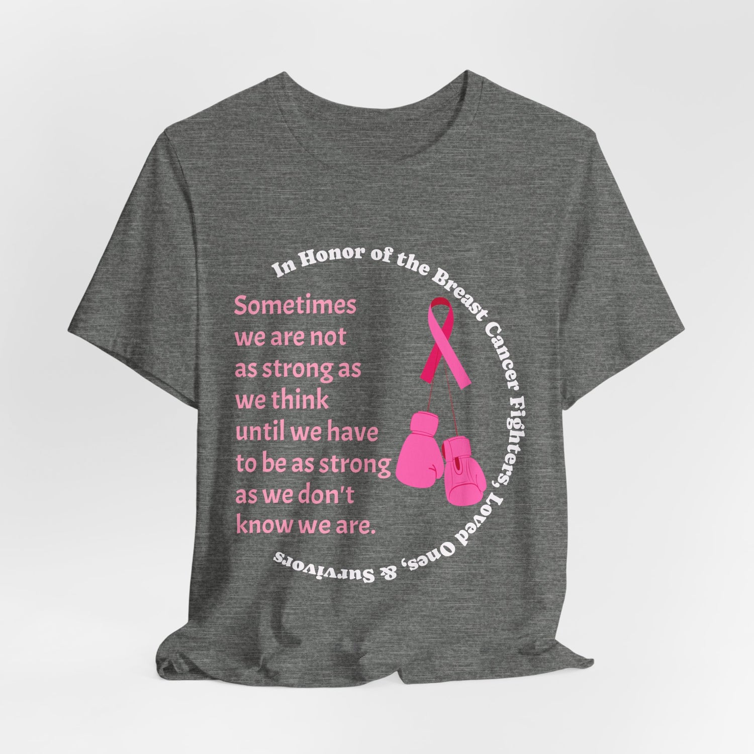 Deep Heather t-shirt with pink breast cancer awareness design on a white background