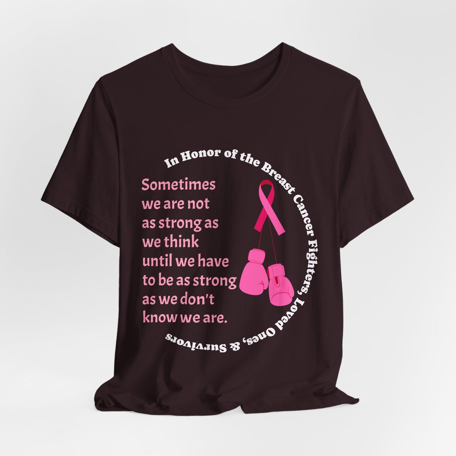 Oxblood Black t-shirt with pink breast cancer awareness design on a white background
