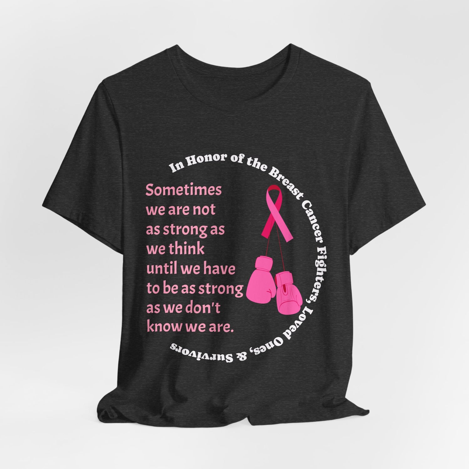 Dark Grey Heathe t-shirt with pink breast cancer awareness design on a white background