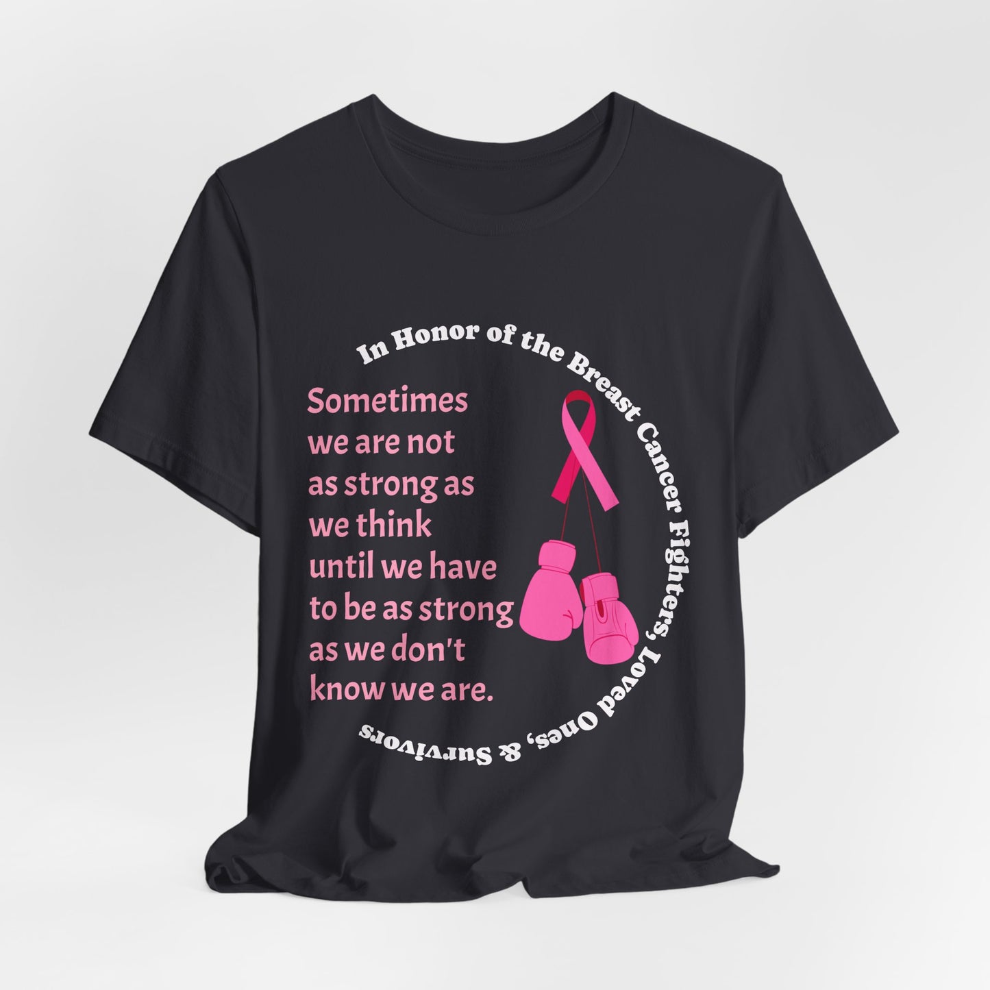 Dark Grey t-shirt with pink breast cancer awareness design on a white background