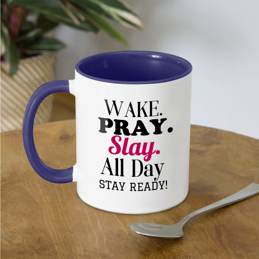 Wake Pray Slay Contrast Coffee Mug - white/cobalt blue